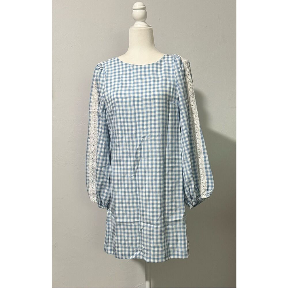 Aura Blue Gingham long sleeve mini dress M - Picture 2 of 10